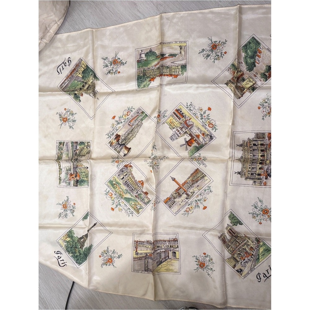Vintage Paris Notre-Dame Printed Silk Scarf inβ Cream and Green